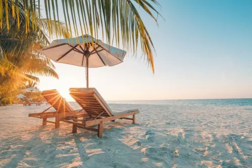 Sonnenliegen unter einem Sonnenschirm am Palmenstrand