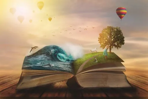 Aufgeschlagenes Buch, aus dem eine Fantasielandschaft mit Meer und Wiese wächst
